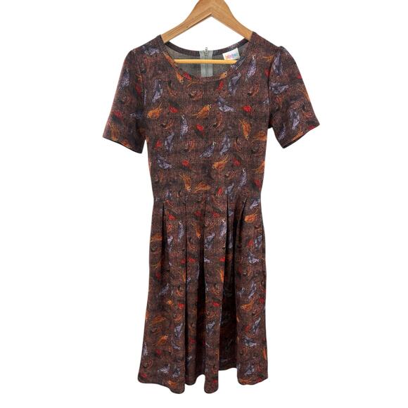 LuLaRoe Amelia Dress Large Bird Print‎ Stretch Fit & Flare w/ Pockets Modest - Picture 1 of 7